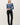 Ribbed Button Up Cardigan full view in blue with black pants