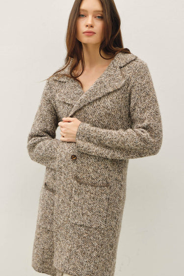 BOUCLE KNIT COATIGAN WITH DOUBLE BUTTON CLOSURE - Brown / S - Sweater Coat