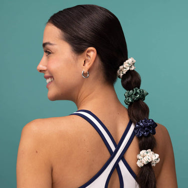 Ruched Satin Scrunchies styled in ponytail