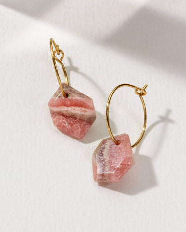 14Kt Sterling Geometry Mini Hoop Earring rhodochrosite front view