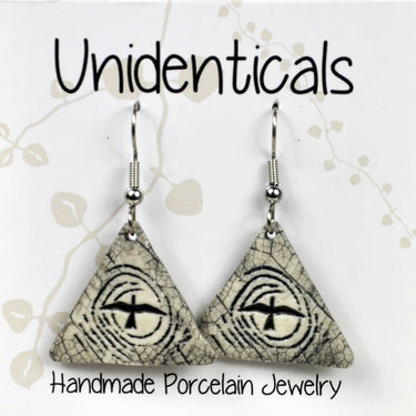 Handmade pottery bird earrings, tri. night flight, nature