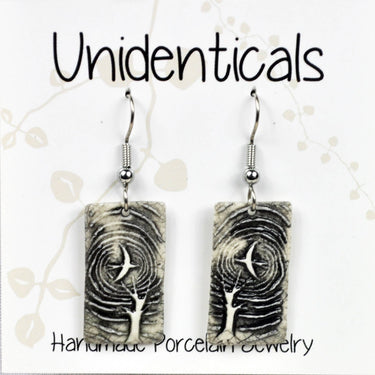 Porcelain Earrings, Night Flight rect. bird, kiln fired