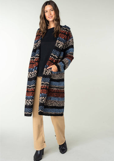 Striped Long Sleeve Open Front Hoodie Cardigan - S/M / Blue/Rust - Cardigan