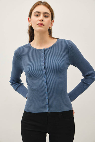 Ribbed Button Up Cardigan in blue with black pants