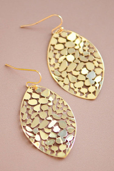 Gold Plated Metal Leaf Drop Earrings 7418 close-up highlighting the textured leaf design