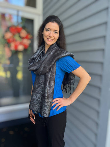 Black and Gray Modal Silk Jamawar Pashmina draped on woman