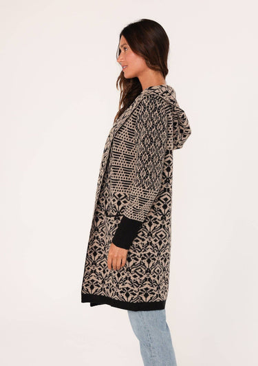 Patchwork Jacquard Open Front Hoodie Cardigan - Sweater Coat