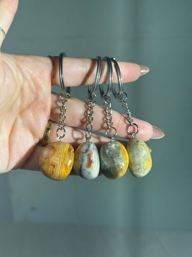 Crazy Lace Agate Crystal Keychain featuring polished patterned gemstones with natural banded details