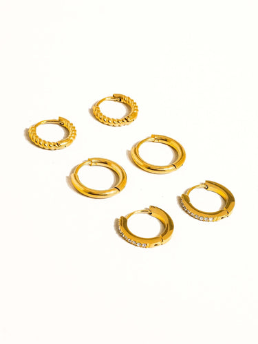 Claude 18K Gold Non-Tarnish CZ Hoops Earring set featuring various styles and designs