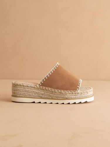 The Vista Camel Espadrille Platform Sandal with vegan leather upper and espadrille sole on a neutral background.