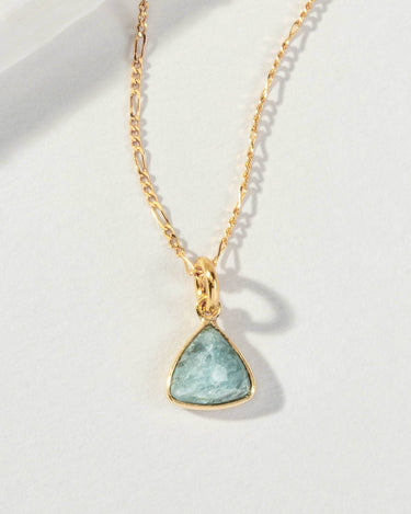 Bermuda Triangle Dainty Collar Necklace- Aquamarine showcasing aquamarine stone with 14KT gold-plated brass chain.