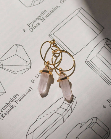 Prism Mini Hoop Earrings- Rose Quartz featuring gold accents and rose quartz points on a textured background.