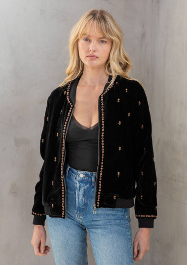 Velvet Beaded Bomber Jacket - M / Black/Bronze - Jacket