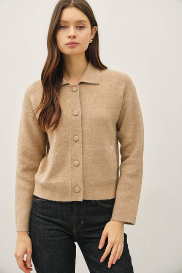 WOOL BLENDED COLLARED BUTTON UP SWEATER JACKET - S / MOCHA - Cardigan