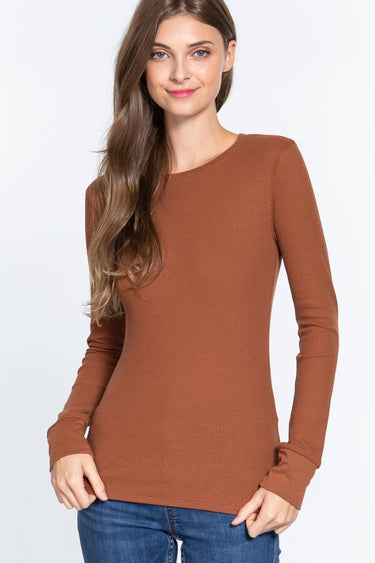 Long Sleeve Crew Neck Thermal Knit Top - BRN-TRUFFLE BROWN / M - Thermals