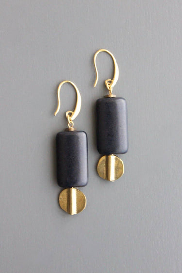 Black stone and brass earrings