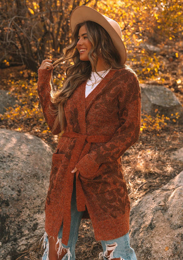 Metallic Floral Long Sleeve Belted Cardigan - Sweater Coat