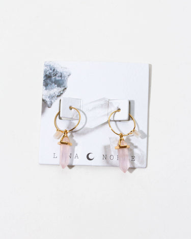Prism Mini Hoop Earrings- Rose Quartz featuring rose quartz points and gold plating on a display card.