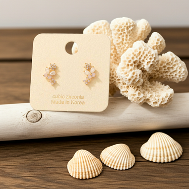 Gold Dipped Cz Flower And Butterfly Stud Earrings - G - Studs