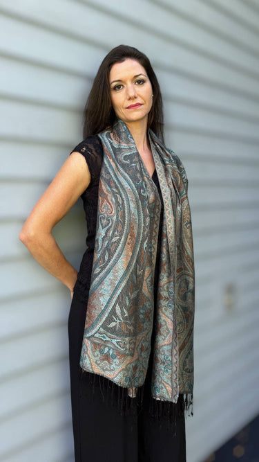 Teal and Gold Modal Silk Jamawar Pashmina