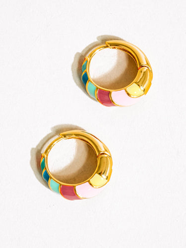 18K gold colorful striped hoop earrings close-up