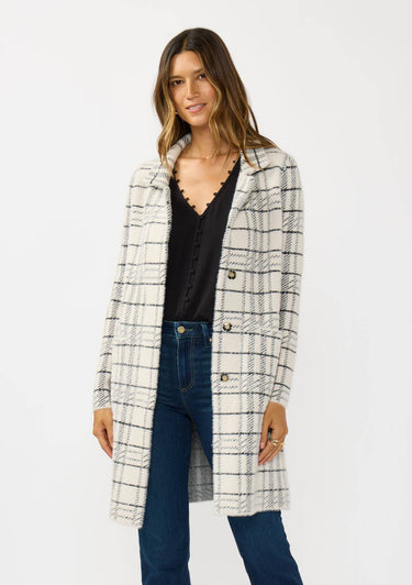 Plaid Notched Collar Button Front Cardigan - M / Cream/Black - Sweater Coat
