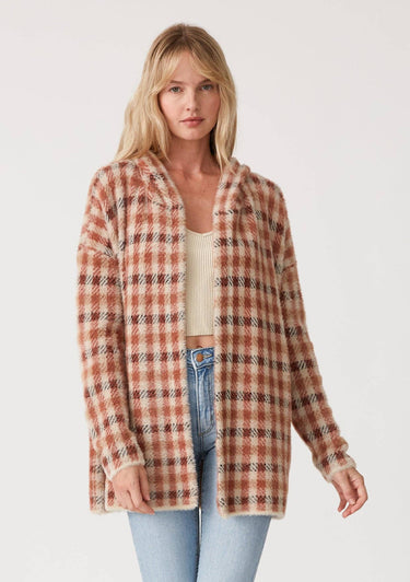 Fuzzy Plaid Long Sleeve Hooded Cardigan - M/L / Rust/Natural