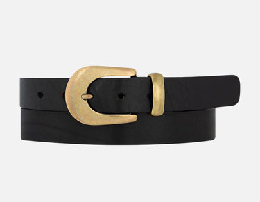 Annie Gold Buckle Skinny Leather Belt for Women - Black