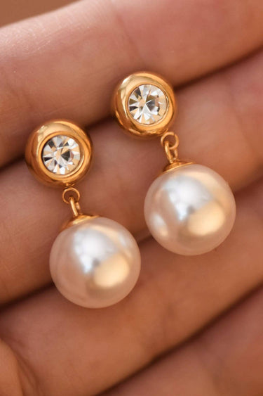 18K Gold PVD Plated Waterproof Stainless Steel Drop Earrings 7774 close-up showing pearl accents and gold details