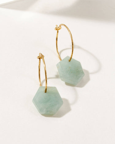 14kt sterling silver geometry mini hoop earrings aquamarine front view