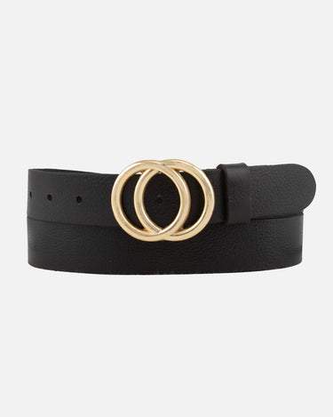 Double ring leather belt for women with gold buckle