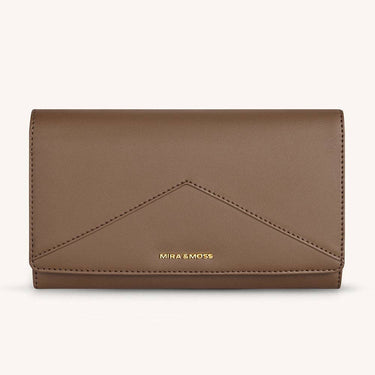 Mira & Moss Napa Long Wallet in premium vegan leather with architectural V-line design and gold-tone branding.