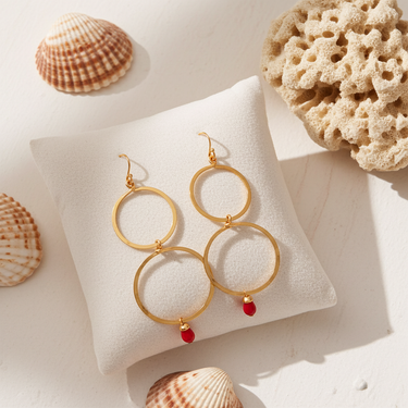 Red Faceted Bead Double Hoop Drop Earrings - GOLD - Hoop