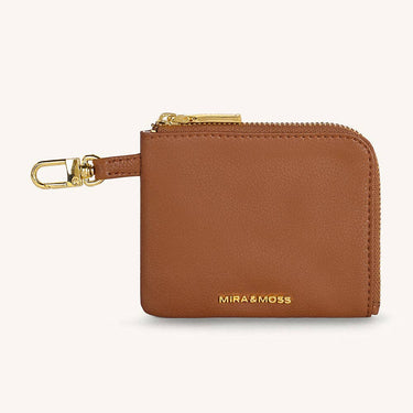 Mira & Moss Nova Compact Wallet in brown vegan leather with gold-tone hardware and zip compartment.
