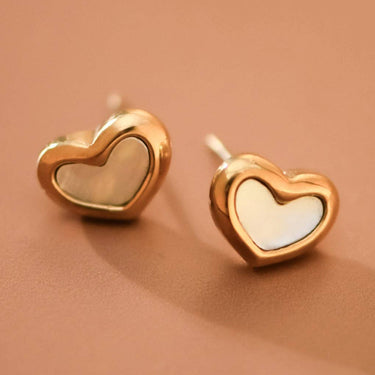 18K Gold Plated Waterproof Stainless Steel Stud Earrings 7912 displayed as a pair on a peach background