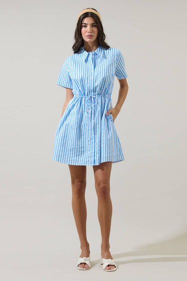 Saida Striped Kenda Shift Mini Dress in blue and white stripes with a drawstring waist and short sleeves.