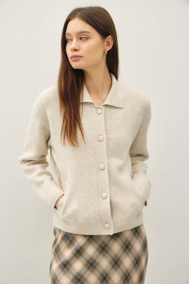 WOOL BLENDED COLLARED BUTTON UP SWEATER JACKET - S / MUSHROOM - Cardigan