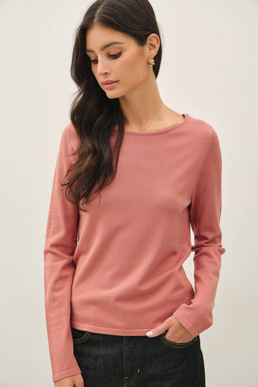 Model wearing pink Ultra Soft Boatneck Basic Long Sleeve Top