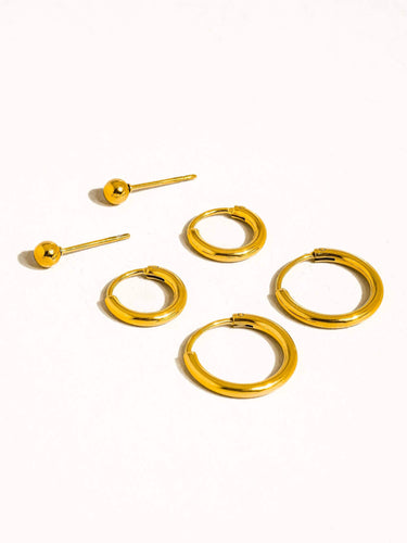 Brigitte 18K Gold Non-Tarnish Hoops Circle Earring set featuring large, small hoops and ball studs.