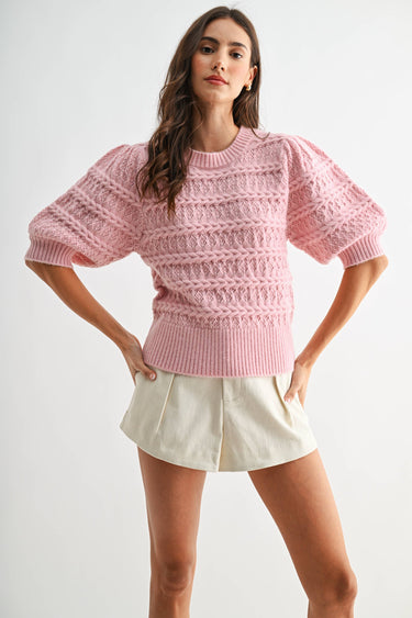 Textured Cable Knit Short Sleeve Sweater front view in pink