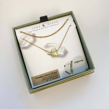 Aura Slice Gemstone Necklace - Limon Quartz in packaging showcasing the stunning Limon Quartz pendant and faceted chain.