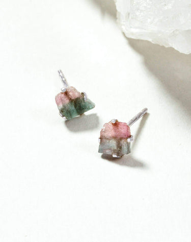 Raw Beauty Post Earrings - Sterling Silver- Watermelon Tourmaline showcasing unique watermelon tourmaline stones in sterling silver.