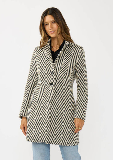 Chevron Notched Lapel Long Sleeve Coat - Cream/Black / S - Coat