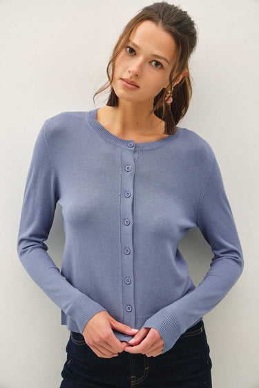 Model wearing blue Ultra Soft Essential Basic Crewneck Button Up Cardigan
