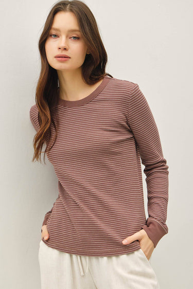 STITCHED THERMAL CREW NECK TOP - Brown / S - Thermals