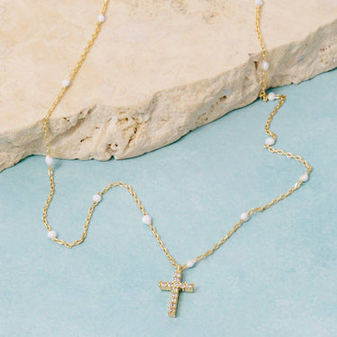 Gold Dipped Station Cz Cross Pendant Necklace - GOLD - Necklace