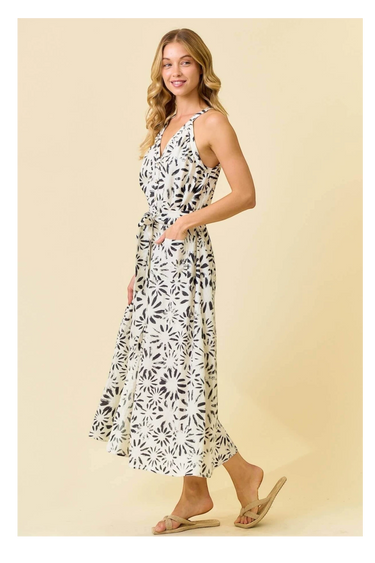 Abstract Floral Halter Tank Line Midi Dress in black floral print full-length view