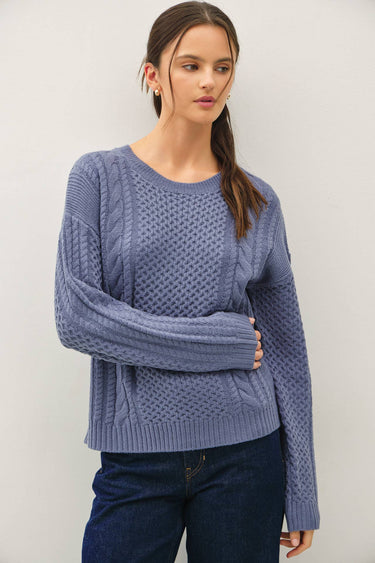 CLASSIC CABLE KNIT CREWNECK SWEATER - S / TEAL - Sweater
