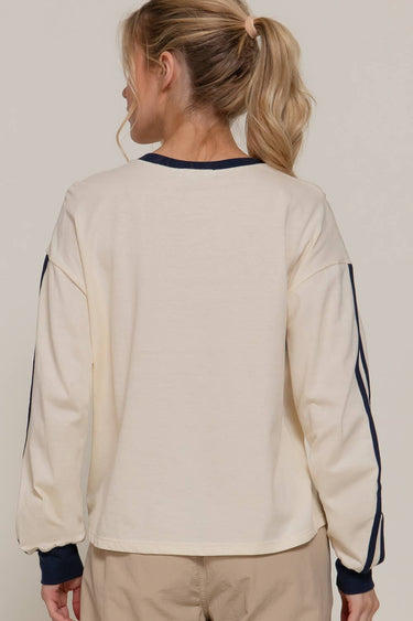 Long Sleeve with Contrast Line Detail Embroidery Tee - S / IVY-cream/navy - Top