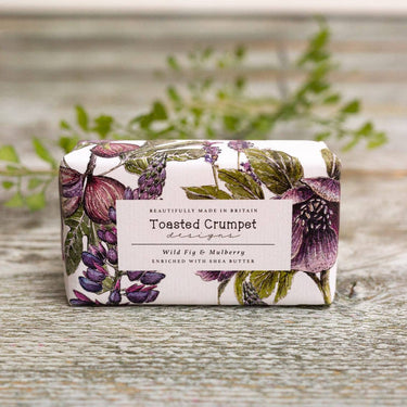 Wild Fig & Mulberry Pure Soap 190G Soap Bar beautifully wrapped in floral design, enriched with shea butter.
